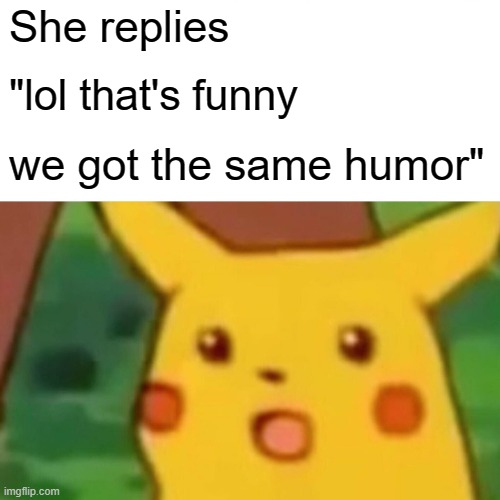 Surprised Pikachu Meme | She replies "lol that's funny we got the same humor" | image tagged in memes,surprised pikachu | made w/ Imgflip meme maker