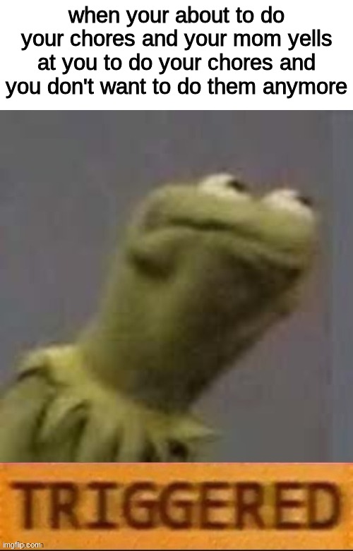 Its so annoying | when your about to do your chores and your mom yells at you to do your chores and you don't want to do them anymore | image tagged in kermit triggered,sad pablo escobar,tuxedo winnie the pooh,memes,1 trophy,gifs | made w/ Imgflip meme maker