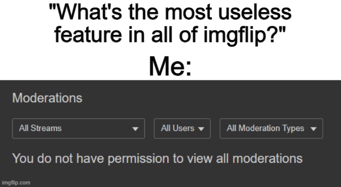 Why does this exist? It should be removed (except for site/global mods) | "What's the most useless feature in all of imgflip?"; Me: | made w/ Imgflip meme maker