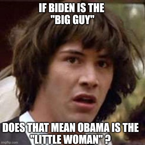 Conspiracy Keanu Meme | IF BIDEN IS THE 
"BIG GUY" DOES THAT MEAN OBAMA IS THE
"LITTLE WOMAN" ? | image tagged in memes,conspiracy keanu | made w/ Imgflip meme maker