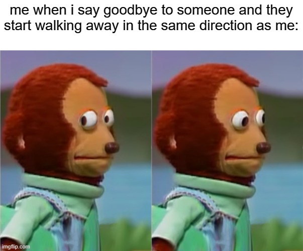 you never know whether or not to keep talking | me when i say goodbye to someone and they start walking away in the same direction as me: | image tagged in awkward look | made w/ Imgflip meme maker