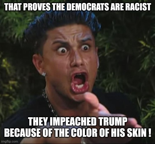 situation | THAT PROVES THE DEMOCRATS ARE RACIST THEY IMPEACHED TRUMP BECAUSE OF THE COLOR OF HIS SKIN ! | image tagged in situation | made w/ Imgflip meme maker