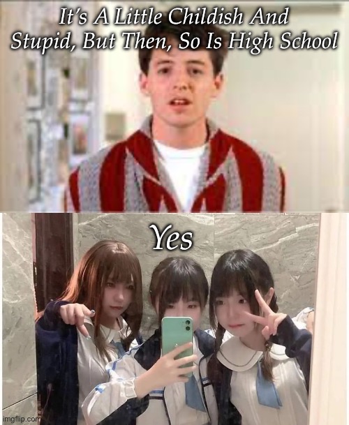 Childish and stupid | It’s A Little Childish And Stupid, But Then, So Is High School; Yes | image tagged in boys turned into anime girls,childish,stupid,high school | made w/ Imgflip meme maker