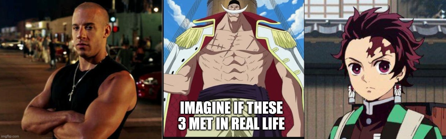 They all value family so I wonder what will happen | IMAGINE IF THESE 3 MET IN REAL LIFE | image tagged in vin diesel,whitebeard the greatest meme,demon slayer tanjiro kamado | made w/ Imgflip meme maker