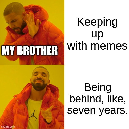 :/ | Keeping up with memes; MY BROTHER; Being behind, like, seven years. | image tagged in memes,drake hotline bling | made w/ Imgflip meme maker