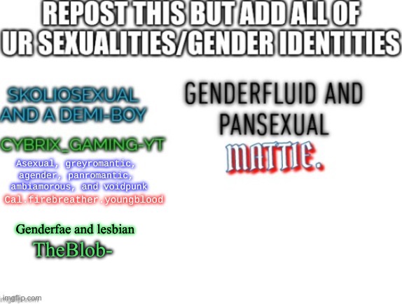 :] | Genderfae and lesbian; TheBlob- | made w/ Imgflip meme maker