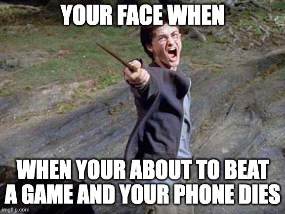 Fr | YOUR FACE WHEN; WHEN YOUR ABOUT TO BEAT A GAME AND YOUR PHONE DIES | image tagged in harry potter yelling | made w/ Imgflip meme maker