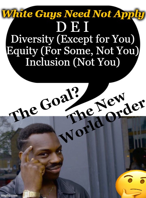 Equality For All, Not Equity For Some | White Guys Need Not Apply; D E I; Diversity (Except for You)

Equity (For Some, Not You)

Inclusion (Not You); The New World Order; The Goal? | image tagged in politics,equality,equity,nwo,white man bad,inequality | made w/ Imgflip meme maker