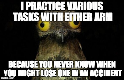 Weird Stuff I Do Potoo Meme | I PRACTICE VARIOUS TASKS WITH EITHER ARM BECAUSE YOU NEVER KNOW WHEN YOU MIGHT LOSE ONE IN AN ACCIDENT | image tagged in memes,weird stuff i do potoo | made w/ Imgflip meme maker