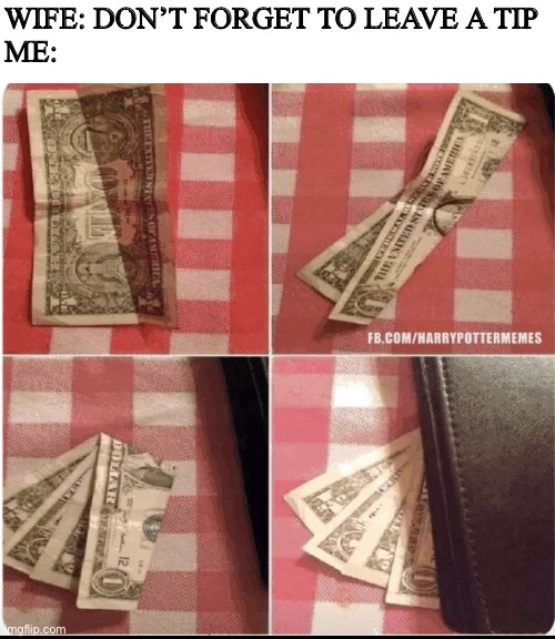 WIFE: DON’T FORGET TO LEAVE A TIP
ME: | image tagged in fun | made w/ Imgflip meme maker