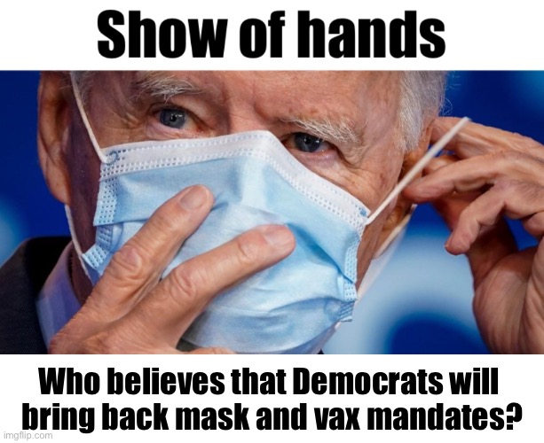 Asking for a friend… | Who believes that Democrats will 
bring back mask and vax mandates? | image tagged in show of hands | made w/ Imgflip meme maker