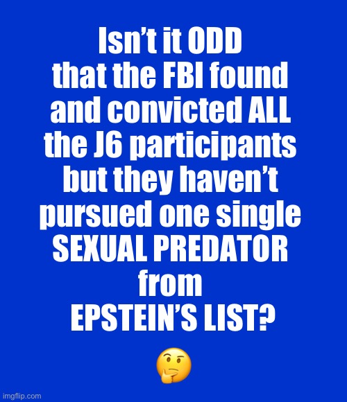 And by ODD, I mean they are obviously protecting many celebrities and politicians | Isn’t it ODD 
that the FBI found 
and convicted ALL 
the J6 participants 
but they haven’t 
pursued one single 
SEXUAL PREDATOR 
from 
EPSTEIN’S LIST? 🤔 | image tagged in blank blue - large | made w/ Imgflip meme maker