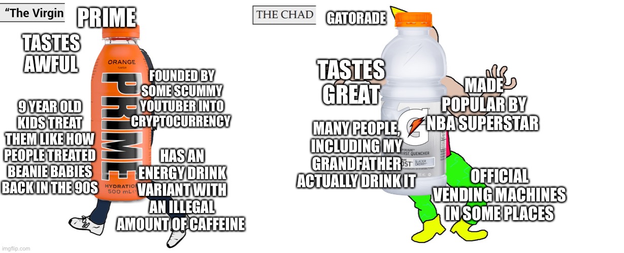 I know some kids are gonna get mad at me for this. (Also I know Gatorade made their own 200 MG energy drink) | PRIME; GATORADE; TASTES AWFUL; TASTES GREAT; MADE POPULAR BY NBA SUPERSTAR; FOUNDED BY SOME SCUMMY YOUTUBER INTO CRYPTOCURRENCY; 9 YEAR OLD KIDS TREAT THEM LIKE HOW PEOPLE TREATED BEANIE BABIES BACK IN THE 90S; MANY PEOPLE, INCLUDING MY GRANDFATHER ACTUALLY DRINK IT; HAS AN ENERGY DRINK VARIANT WITH AN ILLEGAL AMOUNT OF CAFFEINE; OFFICIAL VENDING MACHINES IN SOME PLACES | image tagged in virgin and chad,prime,gatorade,sports drink,meme | made w/ Imgflip meme maker
