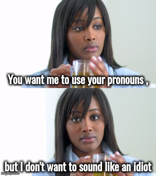 Not participating in the stupidity | You want me to use your pronouns , but I don't want to sound like an idiot | image tagged in black woman drinking tea 2 panels,gender identity,bullshit,don't bully me,victims,mental illness | made w/ Imgflip meme maker