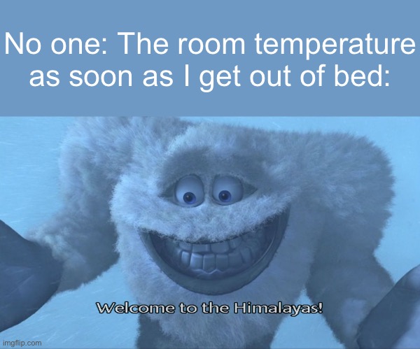 Has this happened to anyone? | No one: The room temperature as soon as I get out of bed: | image tagged in welcome to the himalayas,relatable | made w/ Imgflip meme maker