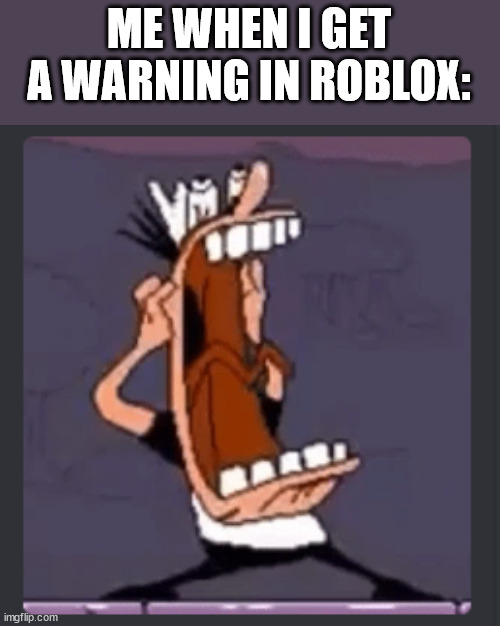 Peppino screaming at post above | ME WHEN I GET A WARNING IN ROBLOX: | image tagged in peppino screaming at post above,roblox ban,warning | made w/ Imgflip meme maker