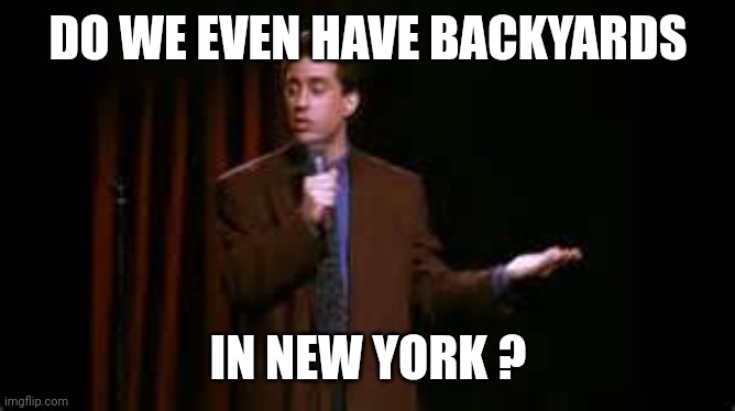 jerry seinfeld stand up | DO WE EVEN HAVE BACKYARDS IN NEW YORK ? | image tagged in jerry seinfeld stand up | made w/ Imgflip meme maker