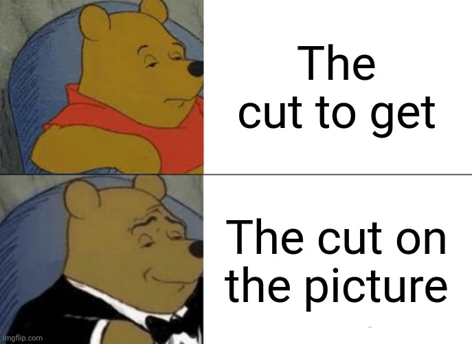Tuxedo Winnie The Pooh Meme | The cut to get; The cut on the picture | image tagged in memes,tuxedo winnie the pooh | made w/ Imgflip meme maker