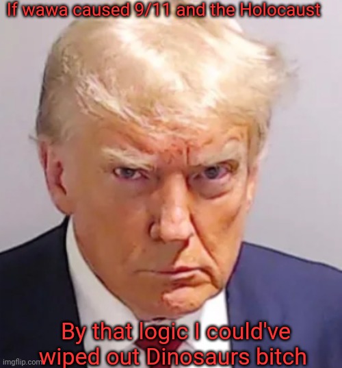 Trump mugshot | If wawa caused 9/11 and the Holocaust; By that logic I could've wiped out Dinosaurs bitch | image tagged in trump mugshot | made w/ Imgflip meme maker