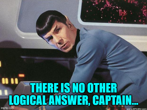 Spock | THERE IS NO OTHER LOGICAL ANSWER, CAPTAIN... | image tagged in spock | made w/ Imgflip meme maker