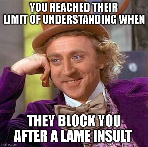 Creepy Condescending Wonka | YOU REACHED THEIR LIMIT OF UNDERSTANDING WHEN; THEY BLOCK YOU AFTER A LAME INSULT | image tagged in memes,creepy condescending wonka | made w/ Imgflip meme maker