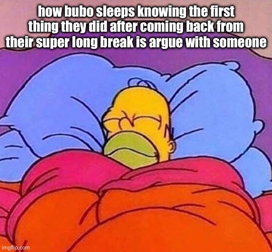 Homer Simpson sleeping peacefully | how bubo sleeps knowing the first thing they did after coming back from their super long break is argue with someone | image tagged in homer simpson sleeping peacefully | made w/ Imgflip meme maker