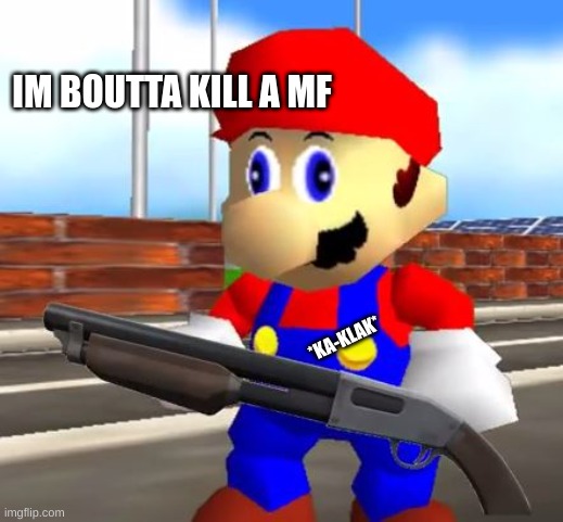 SMG4 Shotgun Mario | *KA-KLAK* IM BOUTTA KILL A MF | image tagged in smg4 shotgun mario | made w/ Imgflip meme maker