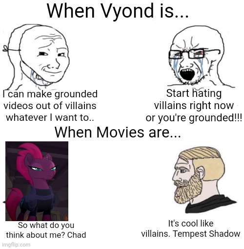 If Vyond and Movies are (Fictional characters doesn't opinion) | When Vyond is... Start hating villains right now or you're grounded!!! I can make grounded videos out of villains whatever I want to.. When Movies are... It's cool like villains. Tempest Shadow; So what do you think about me? Chad | image tagged in chad we know,mlp the movie,goanimate,movie,mlp,meme | made w/ Imgflip meme maker