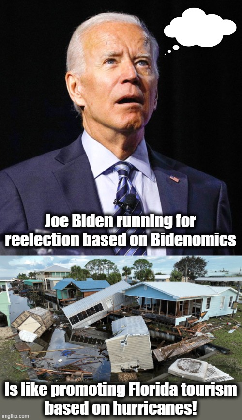 It's the needless destruction, stupid! | Joe Biden running for reelection based on Bidenomics; Is like promoting Florida tourism
based on hurricanes! | image tagged in joe biden,memes,bidenomics,inflation,election 2024,florida | made w/ Imgflip meme maker