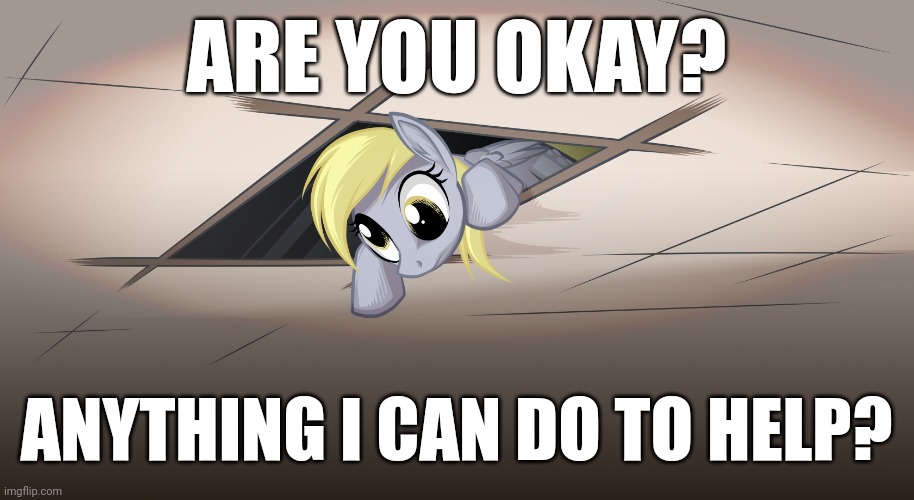Derpy just wanted to help! | ARE YOU OKAY? ANYTHING I CAN DO TO HELP? | image tagged in memes,my little pony,derpy hooves | made w/ Imgflip meme maker