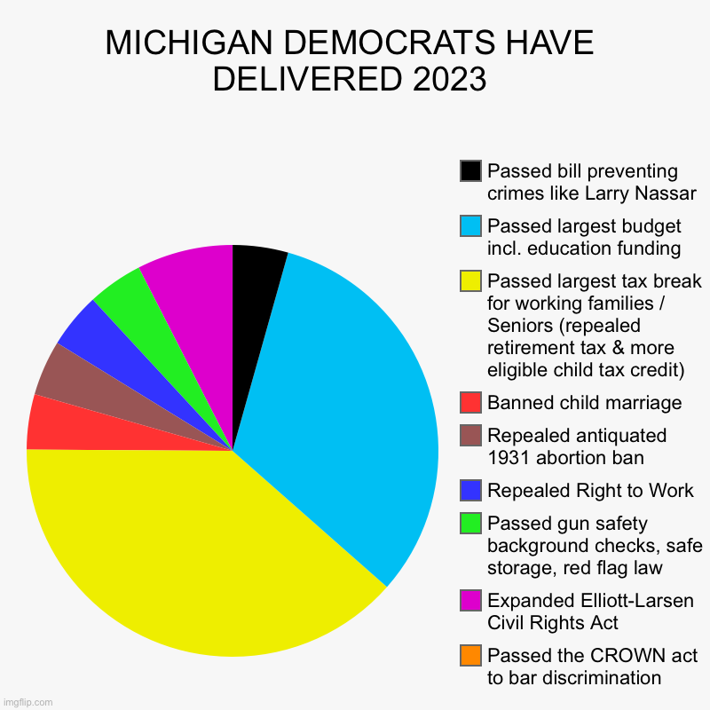 Michigan Democrats Deliver | MICHIGAN DEMOCRATS HAVE DELIVERED 2023 | Passed the CROWN act to bar discrimination, Expanded Elliott-Larsen Civil Rights Act , Passed gun s | image tagged in charts,pie charts,michigan,democrats,politics,republicans | made w/ Imgflip chart maker