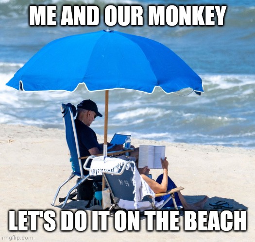 Biden on beach | ME AND OUR MONKEY LET'S DO IT ON THE BEACH | image tagged in biden on beach | made w/ Imgflip meme maker
