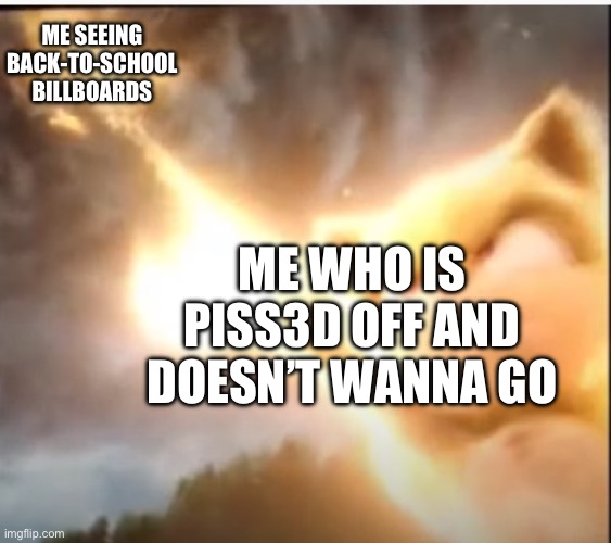 Movie Super Sonic Chili Dog Summon | ME SEEING BACK-TO-SCHOOL BILLBOARDS; ME WHO IS PISS3D OFF AND DOESN’T WANNA GO | image tagged in movie super sonic chili dog summon | made w/ Imgflip meme maker