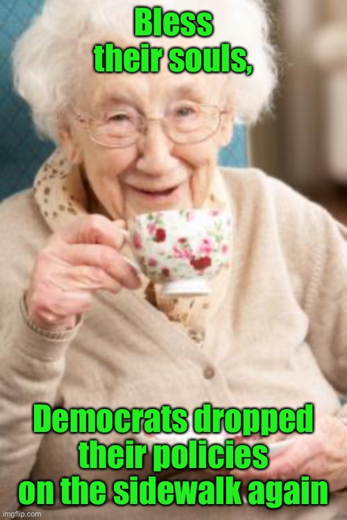 Old lady drinking tea | Bless their souls, Democrats dropped their policies on the sidewalk again | image tagged in old lady drinking tea | made w/ Imgflip meme maker