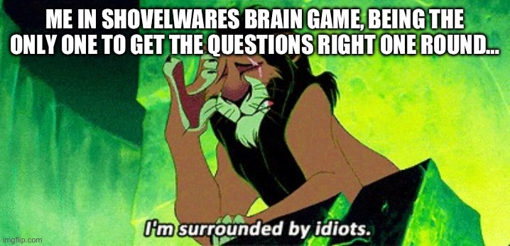 No offense to anybody who played with me that round, this is just a joke :( | ME IN SHOVELWARES BRAIN GAME, BEING THE ONLY ONE TO GET THE QUESTIONS RIGHT ONE ROUND… | image tagged in i'm surrounded by idiots | made w/ Imgflip meme maker