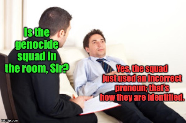 psychiatrist | Is the genocide squad in the room, Sir? Yes, the squad just used an incorrect pronoun; that’s how they are identified. | image tagged in psychiatrist | made w/ Imgflip meme maker