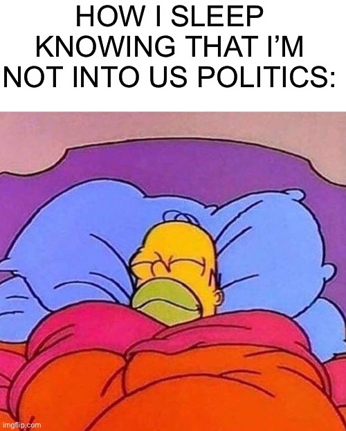 If you’re into us politics, that’s totally fine! Im just not into it cuz it’s too much drama for me personally | HOW I SLEEP KNOWING THAT I’M NOT INTO US POLITICS: | image tagged in homer simpson sleeping peacefully,memes,politics,help me,the simpsons | made w/ Imgflip meme maker