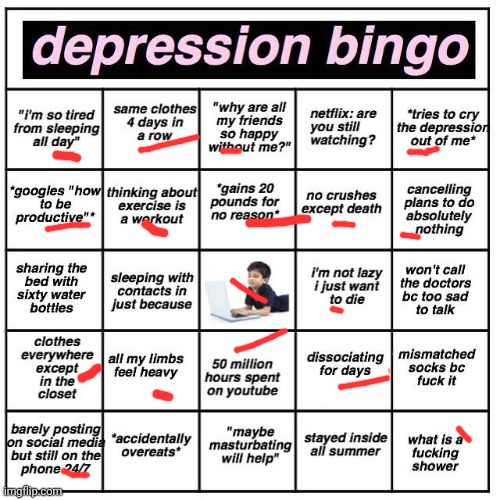Idk | image tagged in depression bingo | made w/ Imgflip meme maker