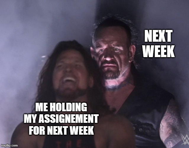 my entire school life | NEXT WEEK; ME HOLDING MY ASSIGNEMENT FOR NEXT WEEK | image tagged in funny memes,relatable memes | made w/ Imgflip meme maker