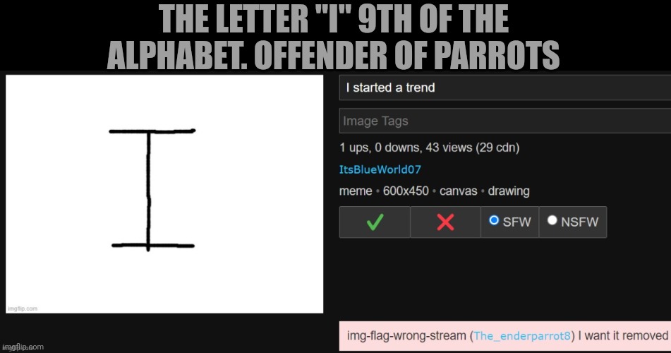 THE LETTER "I" 9TH OF THE ALPHABET. OFFENDER OF PARROTS | made w/ Imgflip meme maker