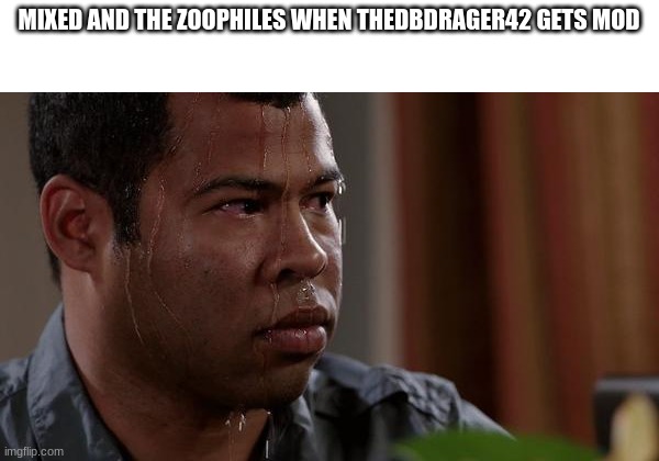 prepare to be eliminated | MIXED AND THE ZOOPHILES WHEN THEDBDRAGER42 GETS MOD | image tagged in sweating bullets | made w/ Imgflip meme maker