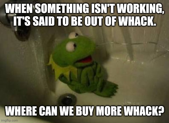 Kermit Shower | WHEN SOMETHING ISN'T WORKING, IT'S SAID TO BE OUT OF WHACK. WHERE CAN WE BUY MORE WHACK? | image tagged in kermit shower | made w/ Imgflip meme maker