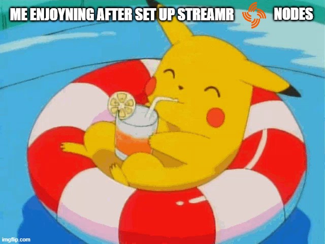 Pikachu running Streamr Nodes | NODES; ME ENJOYNING AFTER SET UP STREAMR | image tagged in pool pikachu,streamr,data,node | made w/ Imgflip meme maker