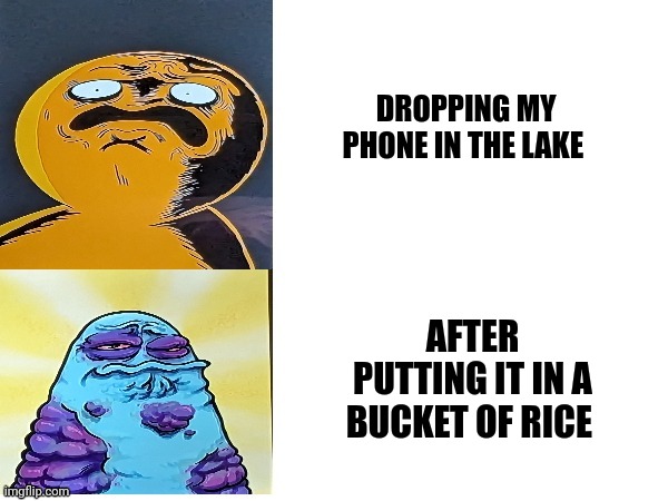 My phone needs a break | DROPPING MY PHONE IN THE LAKE; AFTER PUTTING IT IN A BUCKET OF RICE | image tagged in boggo and boe gross faces | made w/ Imgflip meme maker
