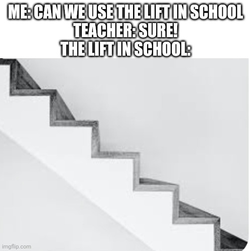 ItS hEaLtHy!!!1!1!! | ME: CAN WE USE THE LIFT IN SCHOOL
TEACHER: SURE!
THE LIFT IN SCHOOL: | image tagged in school,stairs | made w/ Imgflip meme maker