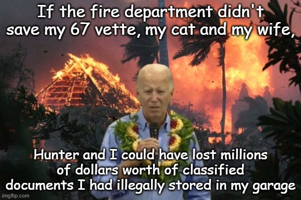 Joe expresses empathy for those who lost everything... | If the fire department didn't save my 67 vette, my cat and my wife, Hunter and I could have lost millions of dollars worth of classified documents I had illegally stored in my garage | image tagged in biden maui | made w/ Imgflip meme maker