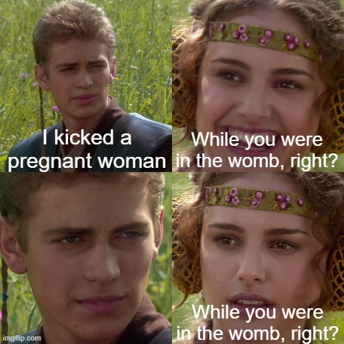 Anakin Padme 4 Panel | I kicked a pregnant woman; While you were in the womb, right? While you were in the womb, right? | image tagged in anakin padme 4 panel | made w/ Imgflip meme maker