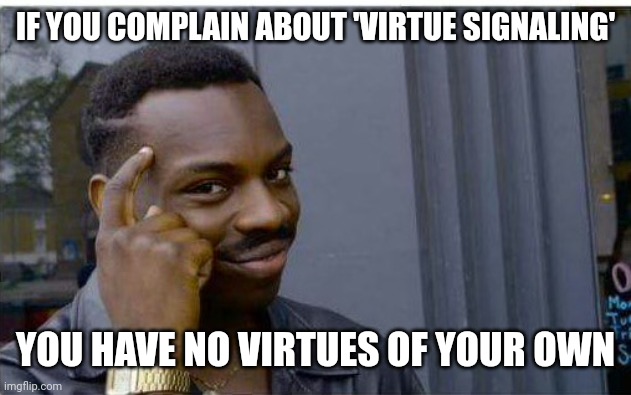 Logic thinker | IF YOU COMPLAIN ABOUT 'VIRTUE SIGNALING' YOU HAVE NO VIRTUES OF YOUR OWN | image tagged in logic thinker | made w/ Imgflip meme maker