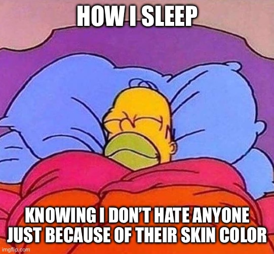 I respect all races. So basically, I am not a racist. | HOW I SLEEP; KNOWING I DON’T HATE ANYONE JUST BECAUSE OF THEIR SKIN COLOR | image tagged in homer simpson sleeping peacefully,no racism | made w/ Imgflip meme maker