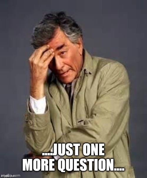 Columbo | ....JUST ONE MORE QUESTION.... | image tagged in columbo | made w/ Imgflip meme maker